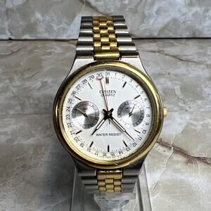 Citizen 6355-G30071 K Gold Silver Tone Full Calendar Quartz Mens Watch FOR PARTS